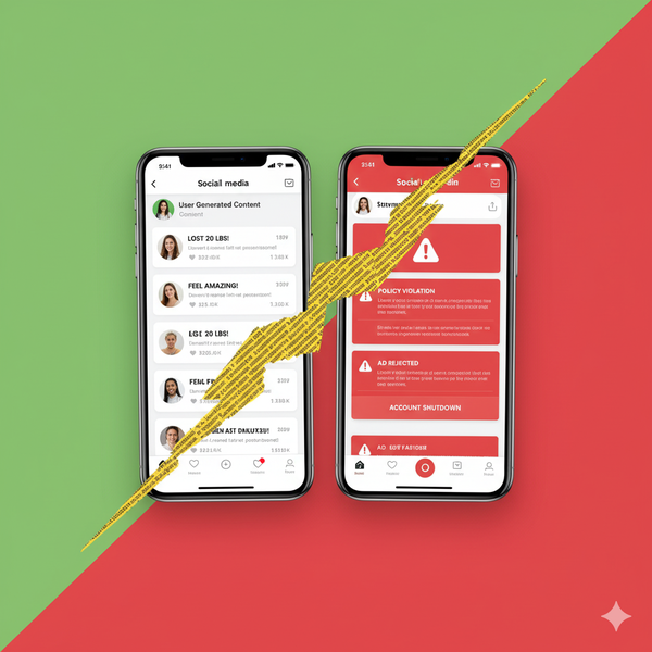 Two side-by-side smartphones comparing examples of poor, non-compliant testimonials (labeled 'Not This') versus effective, compliant testimonials (labeled 'Good').