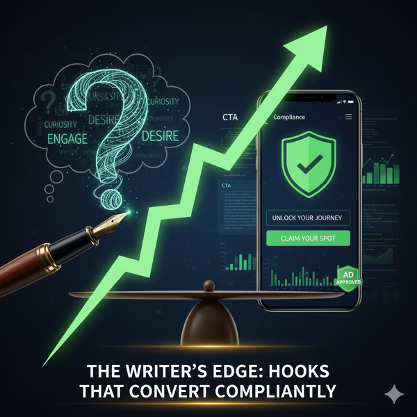 An upward-trending arrow with a small checkmark, symbolizing successful, compliant conversion growth achieved through effective hooks.