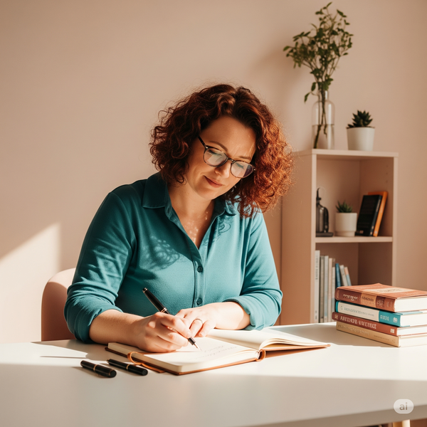 Woman sitting at a modern desk, pen in hand, focused on a notepad while writing business content.
