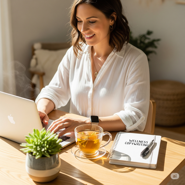 Happy woman entrepreneur confidently working on her laptop, symbolizing business growth achieved through professional wellness copywriting services