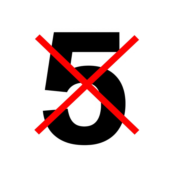 The number five with a red 'X' or cross through it, symbolizing the avoidance and correction of the top five content mistakes made by wellness brands.