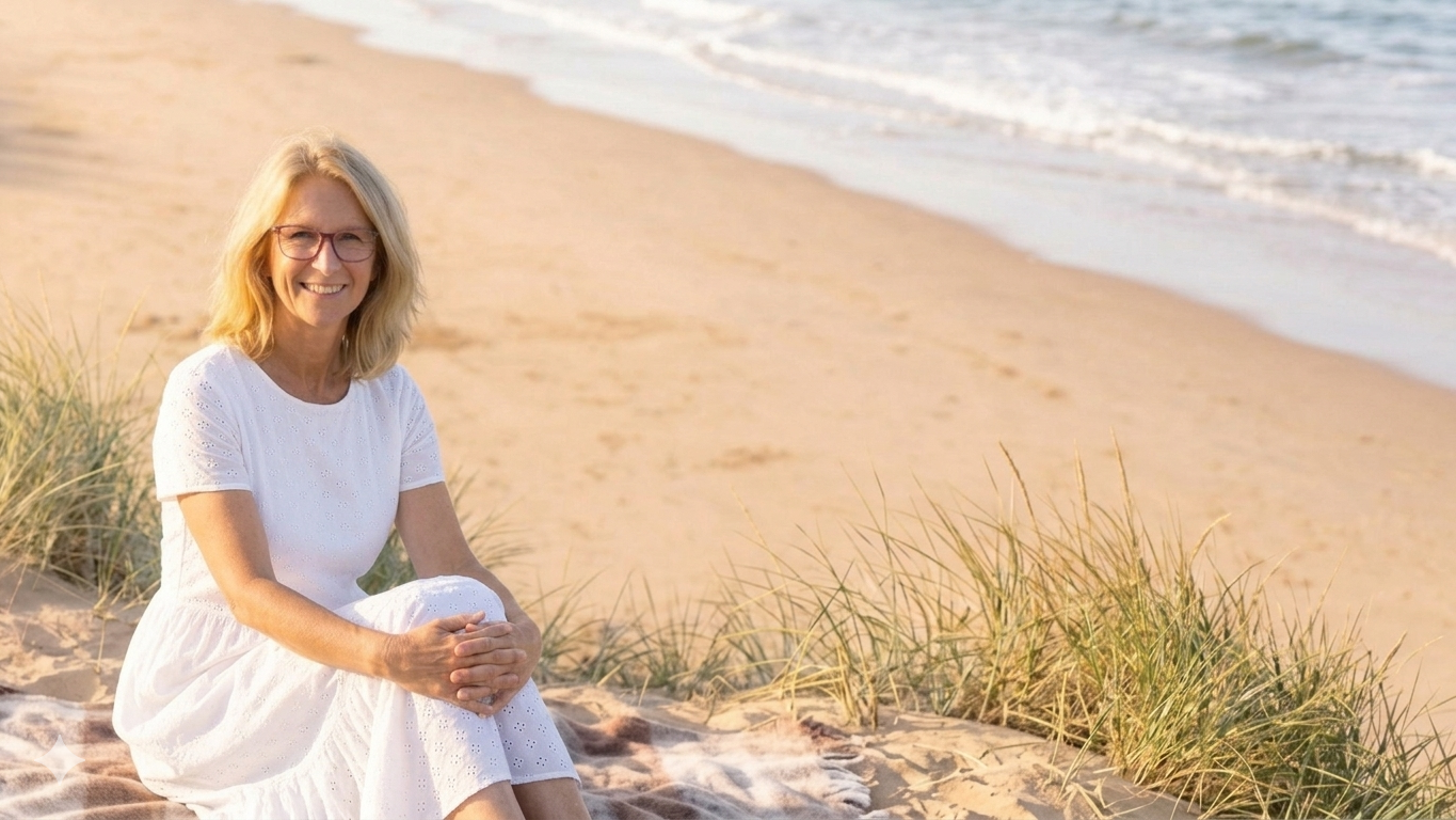 lindseyaskew wellness copywriter sat smiling on beach in white dress