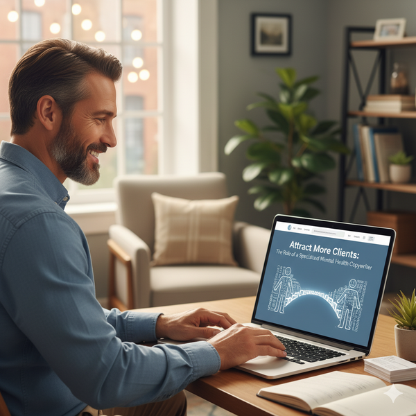 Male mental health copywriter working on a laptop, emphasizing the sensitive role in content creation.