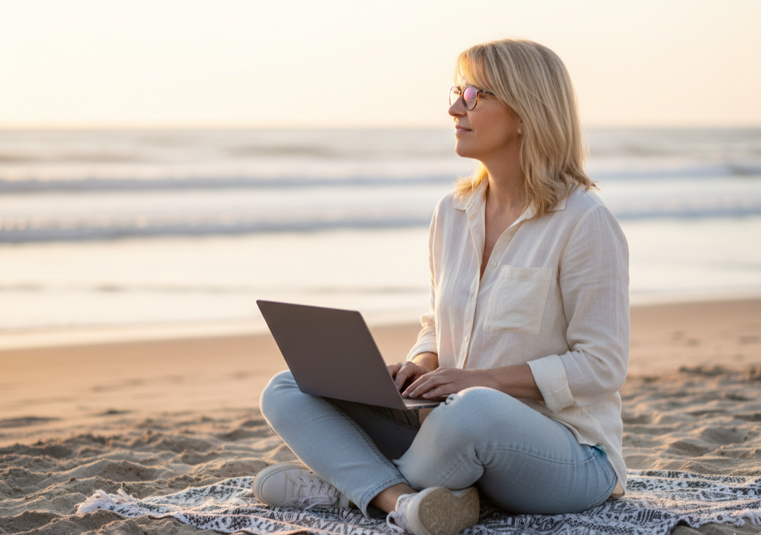 Lindsey Askew, Self-improvement copywriter sat thinking and typing on beach