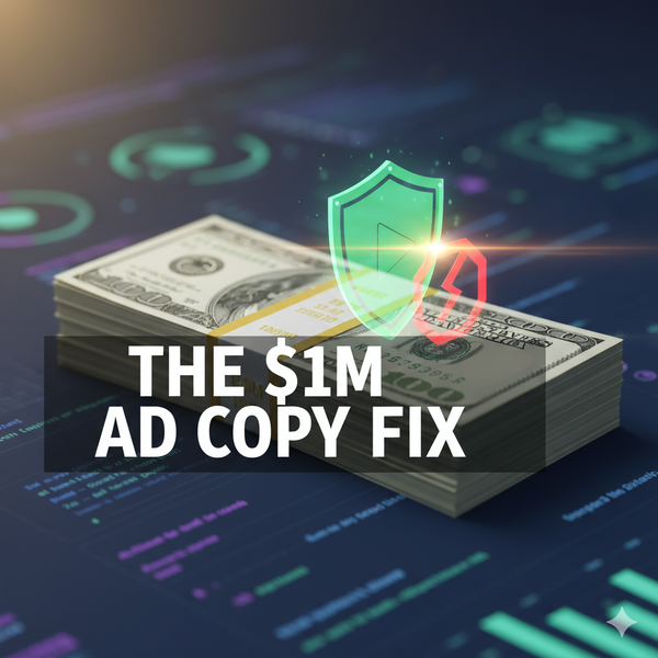 Stacks of money next to a clear sign reading "$1M Copy Fix," representing the high-value financial impact of achieving Meta compliance when selling supplements.