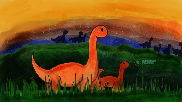 Orange sauropods walk through tall grass. In the distance are the silhouettes of the herd of sauropods, dark against the sunset.f