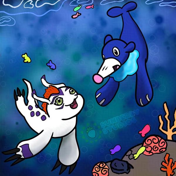 Gomamon and Popplio from Digimon and Pokemon respectively swim together in the ocean, looking toward each other and chatting playfully. Colorful fish swim in the ocean waters around them, and a coral reef teems with life below.