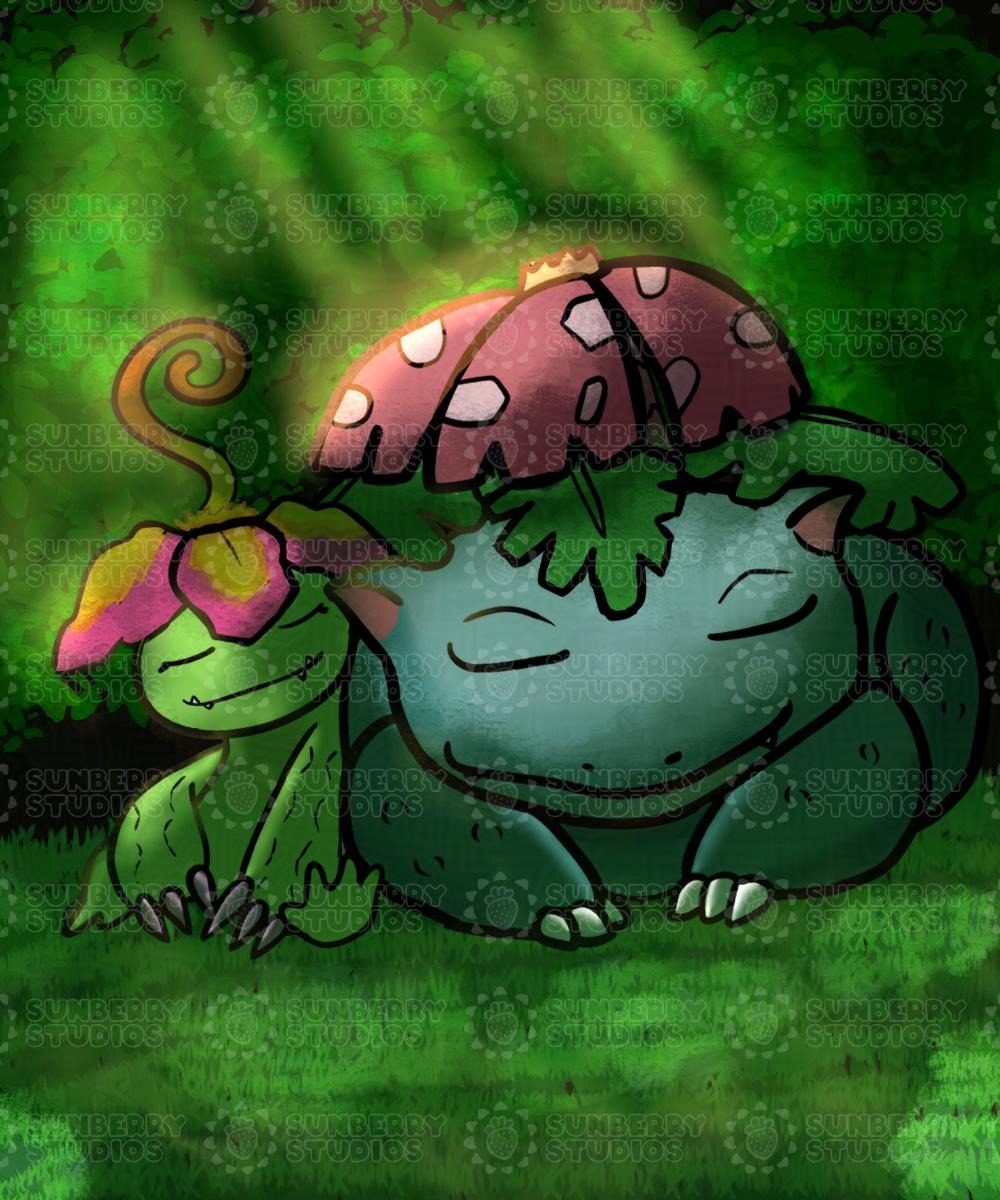 A Palmon and Venusaur sleep together in a warm sunny forest glade, with sunlight streaming in from above A Palmon and Venusaur sleep together in a warm sunny forest glade, with sunlight streaming in from above