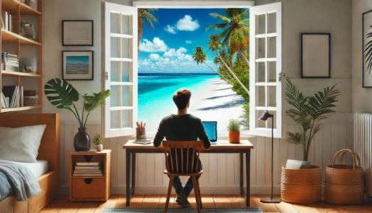 dessin généré par chatGPT d'un homme assis à un bureau avec une fenêtre ouverte sur une plage tropicale dessin généré par chatGPT d'un homme assis à un bureau avec une fenêtre ouverte sur une plage tropicale