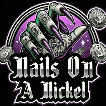 The Nails on a Nickel logo, showing a cartoon- hand with pointy nails coming out of a purple background.
