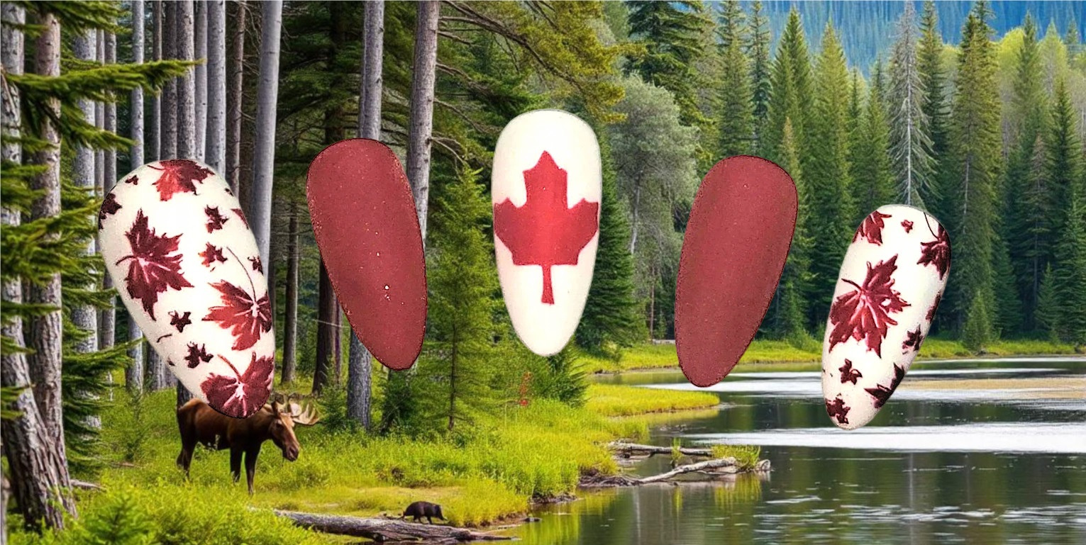 An image of five handmade red and white nails on a forested background, with the middle nail showing the Canadian maple leaf flag.