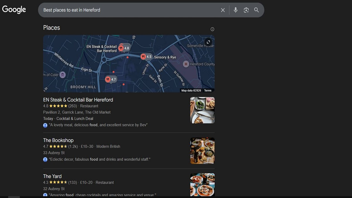 A screenshot from Google showing a list of restaurants for the search term "Best places to eat in Hereford."