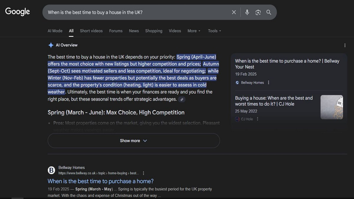 A screenshot from Google showing the AI search results for the term "when is the best time to buy a house in the UK?"