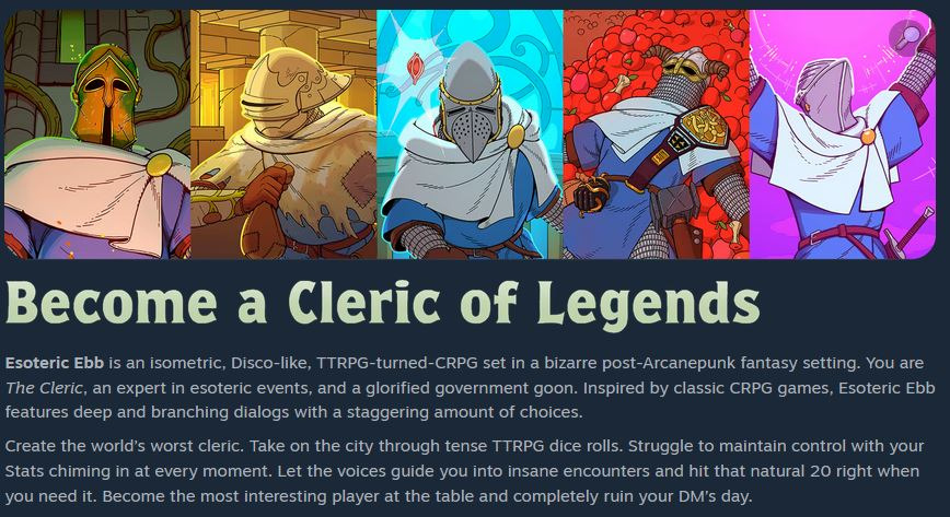 A screenshot from the Steam page of Esoteric Ebb, which shows some cartoon-y knights and a description of the game itself.