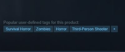 Screenshot from Steam, showing Resident Evil 9's category tags, such as horror and zombies.