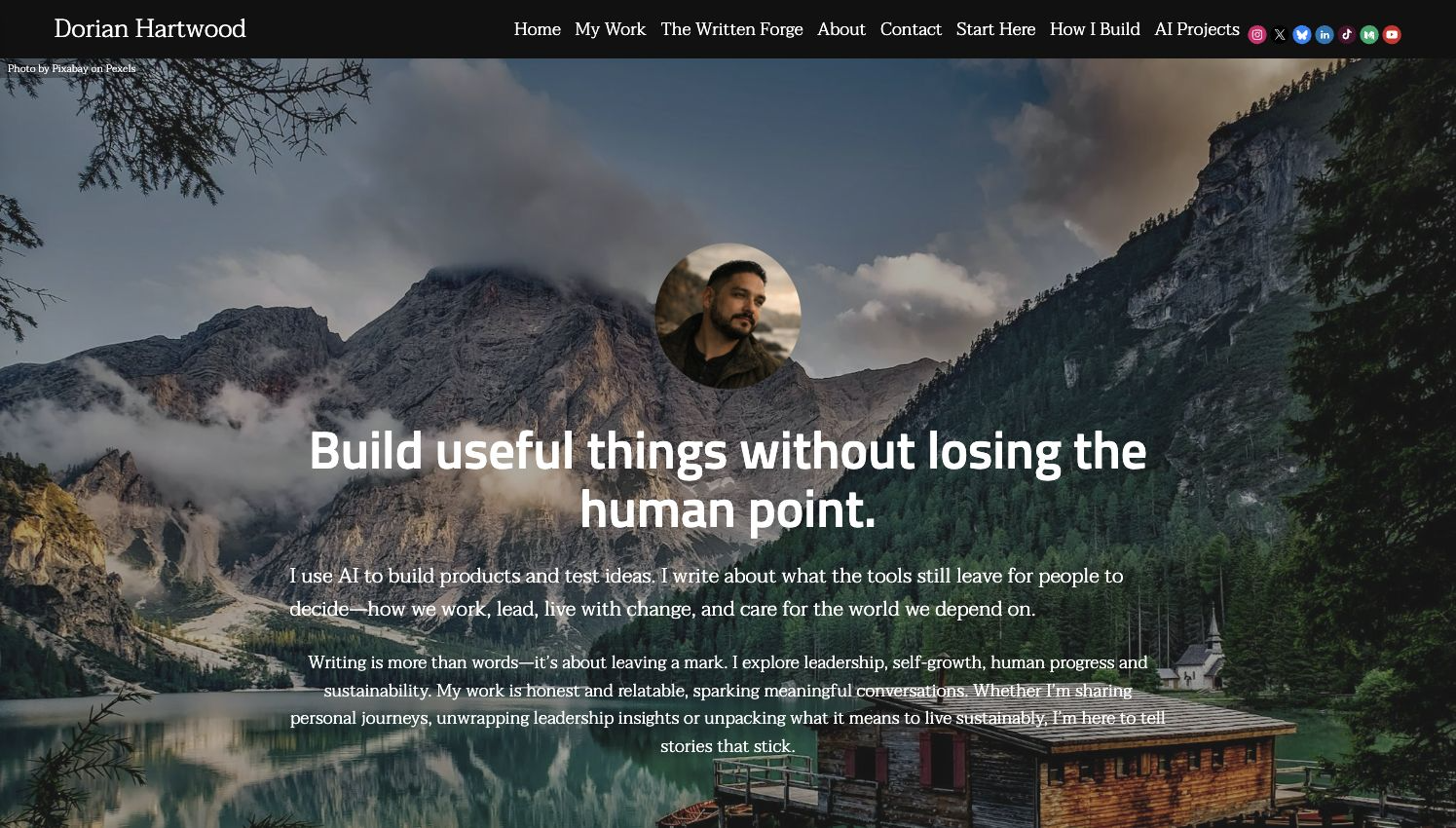 Original Dorian Hartwood homepage with a landscape hero and broad writer-builder introduction