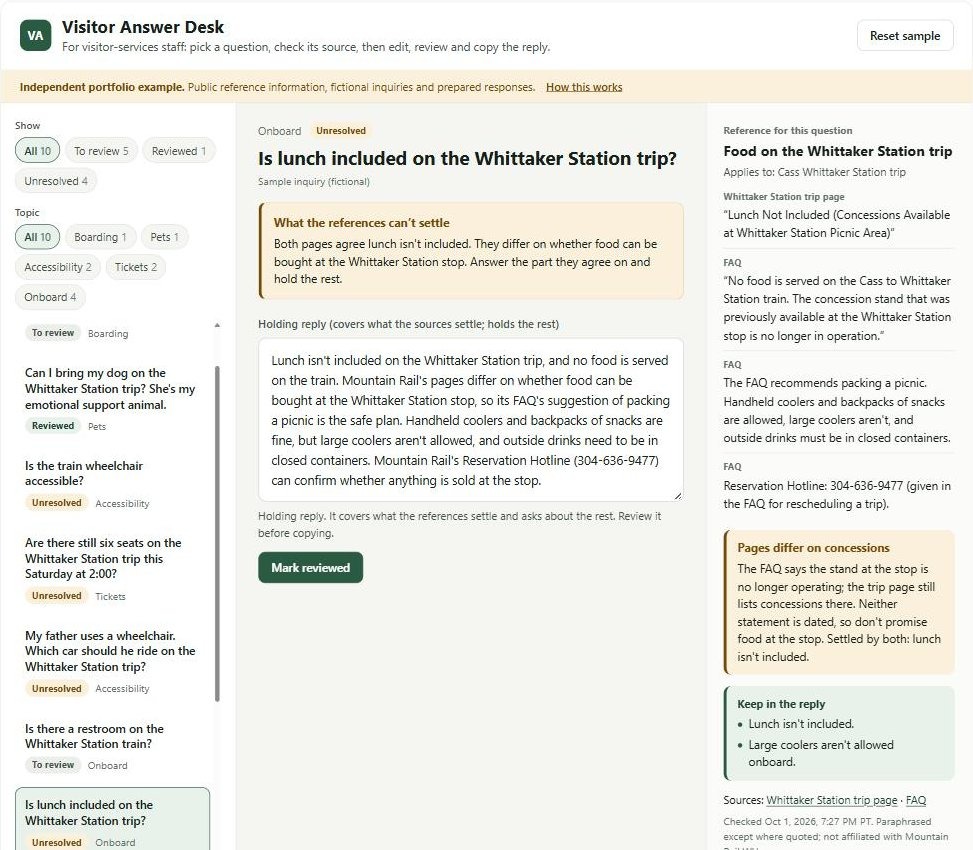 Screenshot of the Visitor Answer Desk: the lunch question selected, its holding reply, and the two Mountain Rail statements that differ about food at the stop