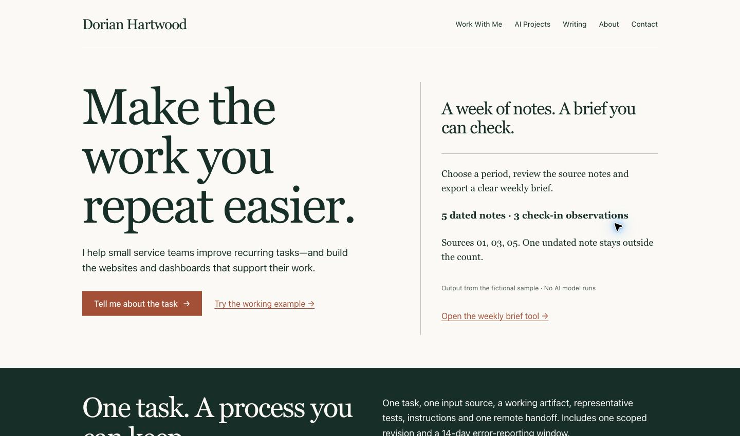 Redesign candidate with a clear recurring-work offer and a compact weekly brief output