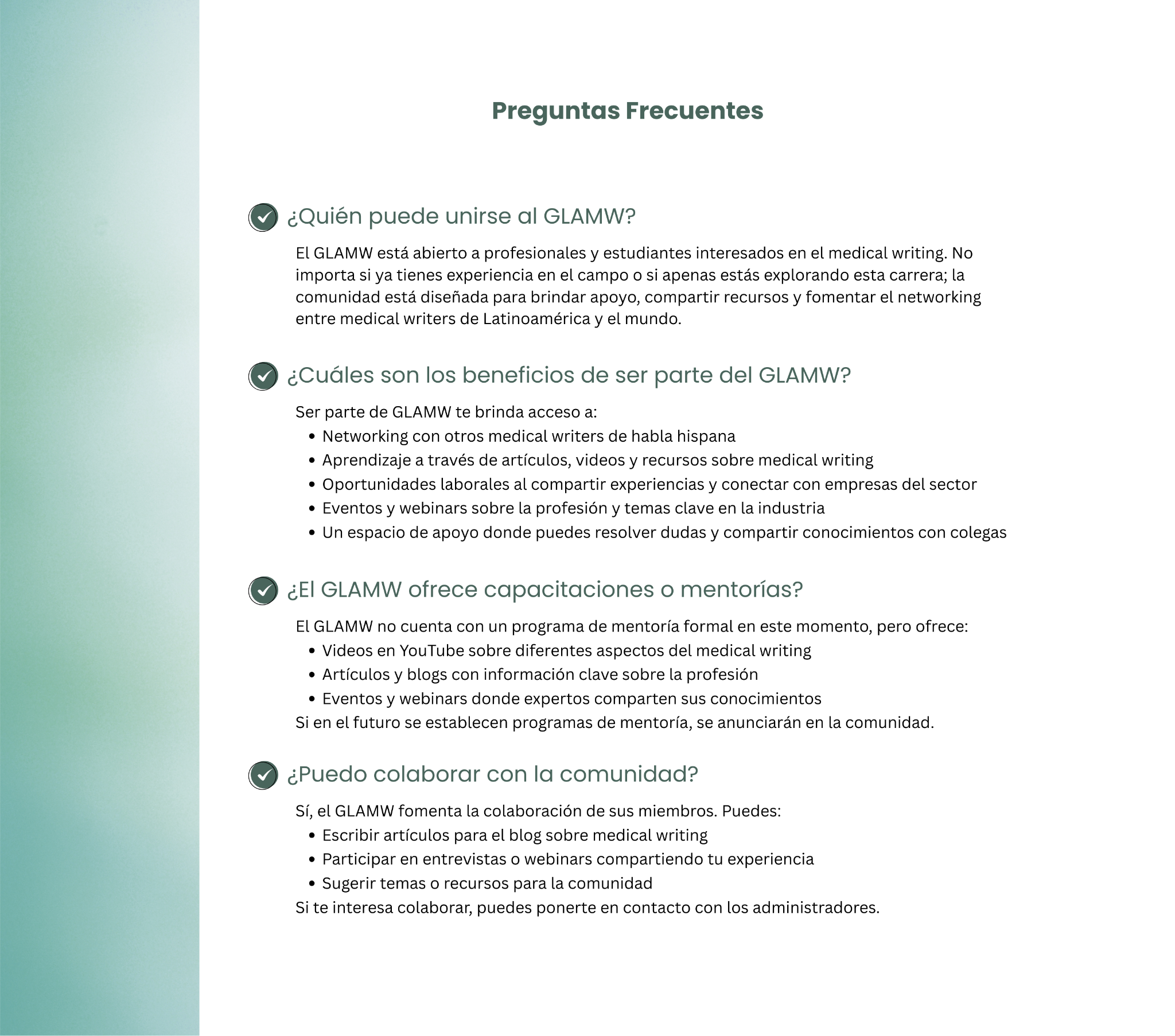 Sección de preguntas frecuentes de GLAMW con información para escritores médicos latinoamericanos.