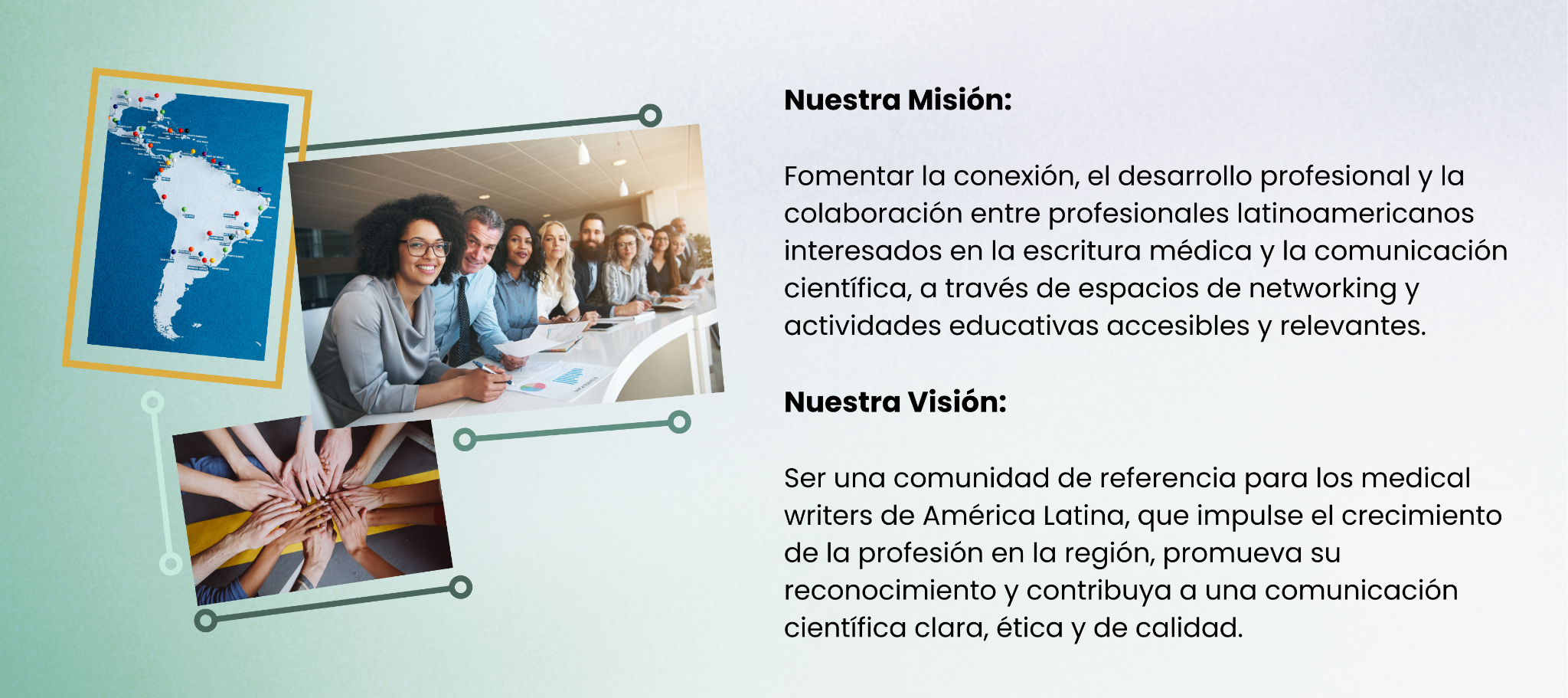 Fotografía simbólica de la misión de GLAMW, mostrando colaboración y unidad en la comunicación médica.