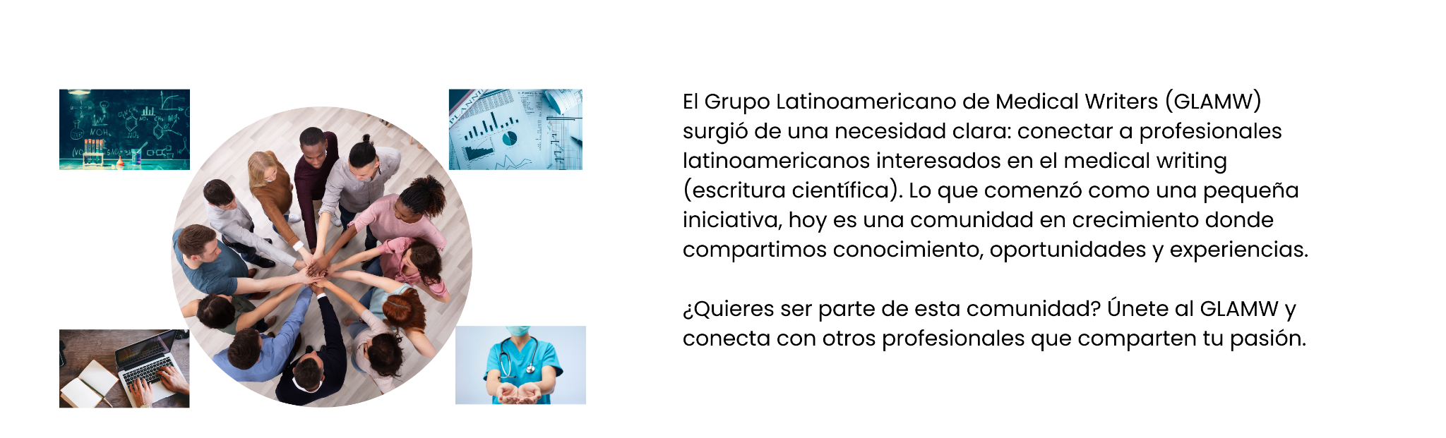 Manos de varias personas unidas en círculo representando la comunidad y solidaridad de GLAMW.