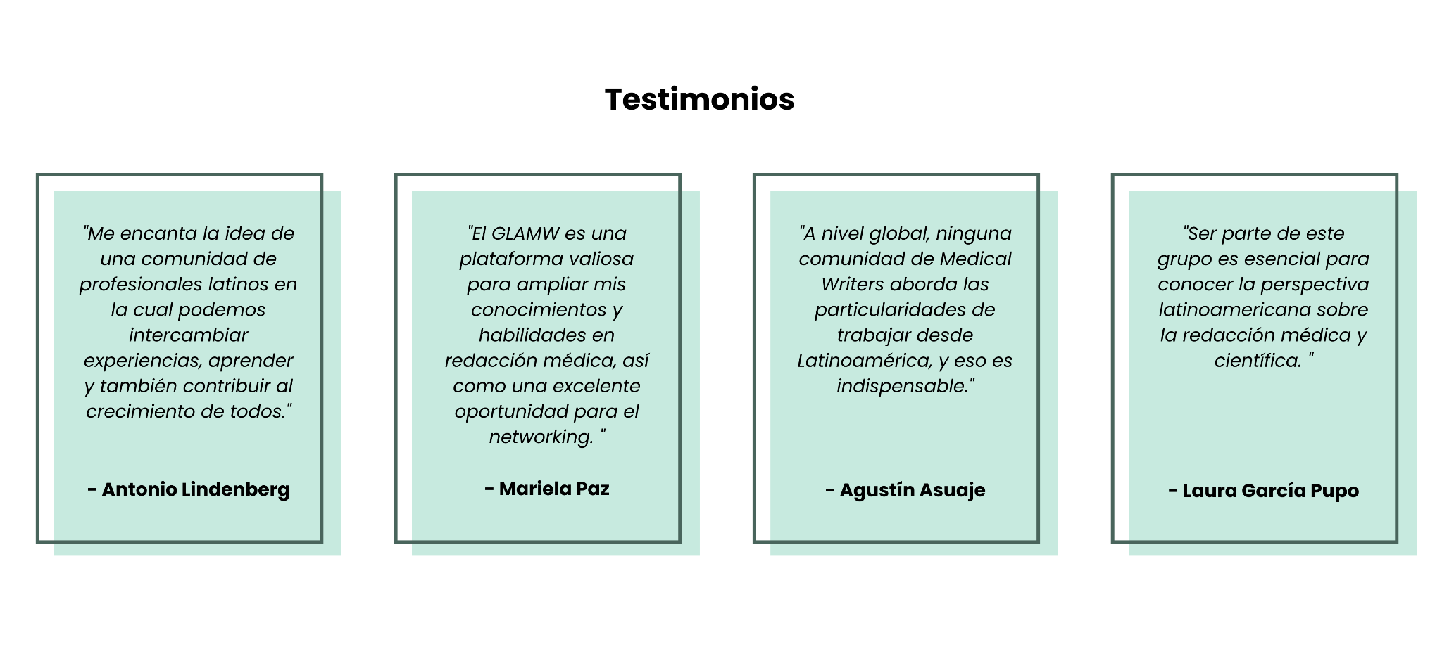 Sección de testimonios en el sitio web de GLAMW con opiniones de escritores médicos latinoamericanos.