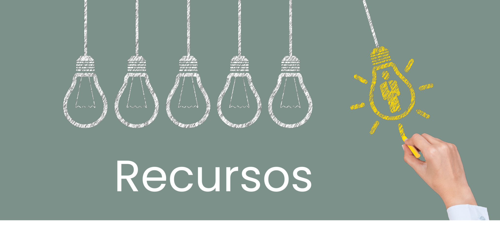 Imagen de bombillas iluminándose una tras otra con el encabezado “Recursos”, representando el acceso a conocimientos compartidos en GLAMW.