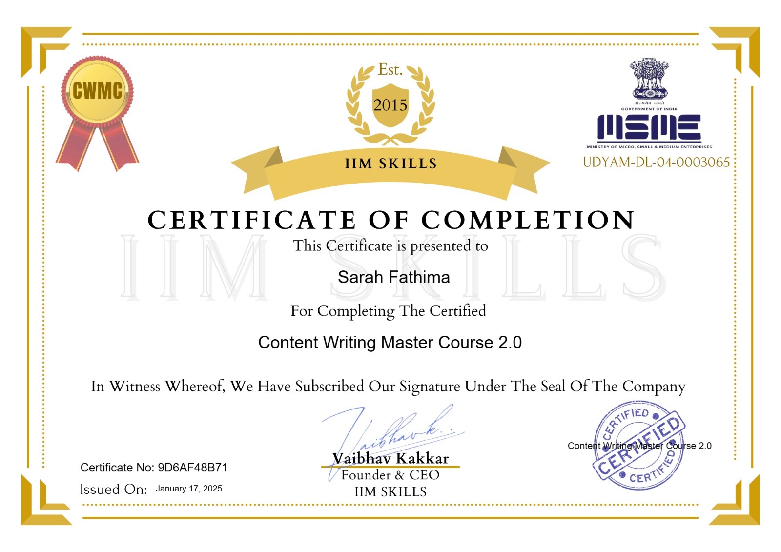 IIM Skills Institute Certificate-Content Writing Master Course 2.0