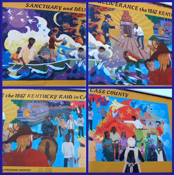 collage of four images in a square shape, depicting a single mural painted on a building