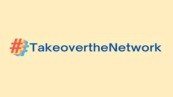 a 3-d multicolored hashtag symbol with the words "Takeover the Network" following it