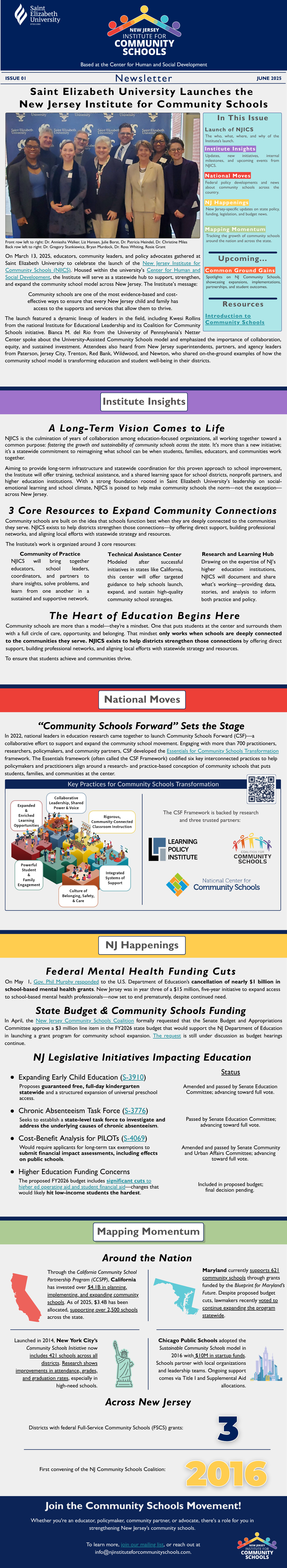 A long-form vertical screenshot of the inaugural NJICS newsletter. The design features a professional blue and red color palette, a clean layout with clear section headers like 'Institute Insights' and 'Mapping Momentum,' and a mix of group photography and data visualizations.