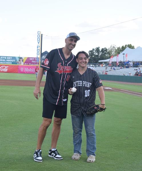 Manu Ginobili after throwing the first pitch at a San Antonio Missions baseball game. Manu Ginobili after throwing the first pitch at a San Antonio Missions baseball game.