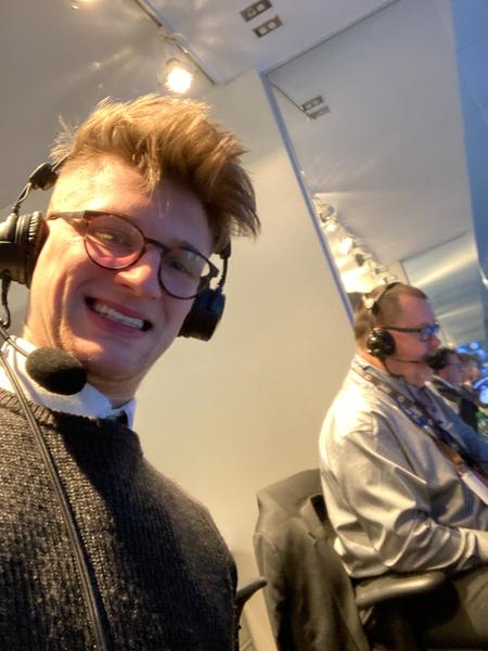 Photo of Ben Little in the press box at Canada Life Centre in Winnipeg with Kelly Moore, the host of Winnipeg Jets hockey on CJOB 680,