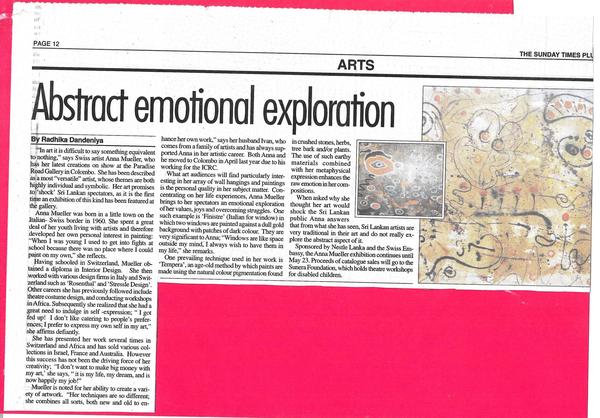 Scan of newspaper article reviewing an abstract art exhibition. Image shows text and two photos of the artist's paintings Scan of newspaper article reviewing an abstract art exhibition. Image shows text and two photos of the artist's paintings