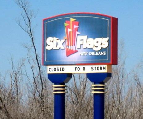 Six Flags New Orleans sign, reading Closed for Storm