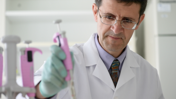 A scientist in a white lab coat and glasses looks at a pipette he holds in front of him