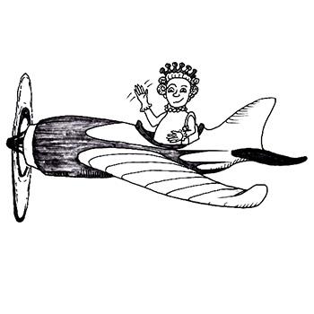 Cartoon drawing of Queen Elizabeth doing her queen wave from a propeller plane