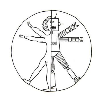 Cartoon drawing of a half human, half robot