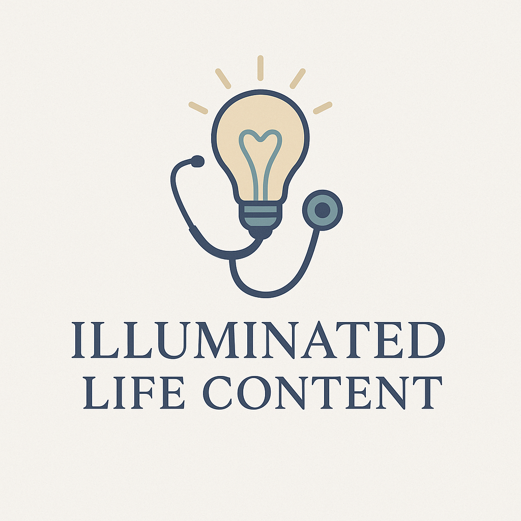Illuminated Life Content Nurse Writer Logo, light bulb and stethoscope