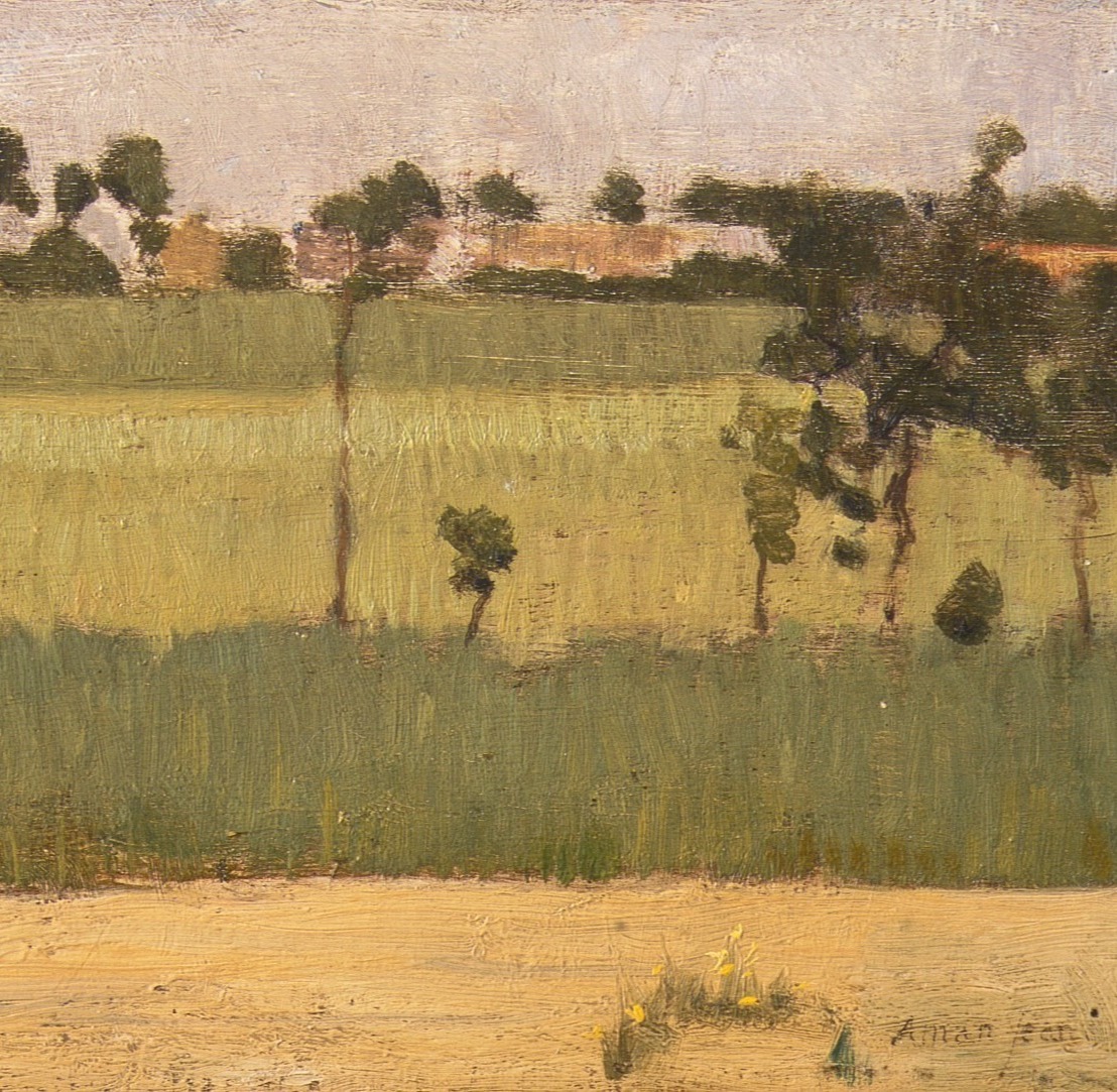A French impressionist painting of green fields with scattered trees and small buildings in the background