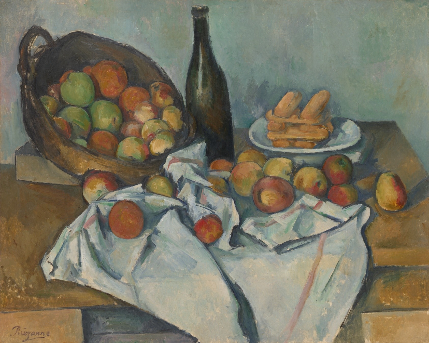 A French Impressionist painting of a basket of apples spills over a brown table and white tablecloth, next to a a bottle of wine and plate of pastry, in front of a light blue background.