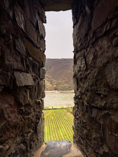 View of the Rhine River and vineyard through a narrow stone window at Reichenstein Castle.