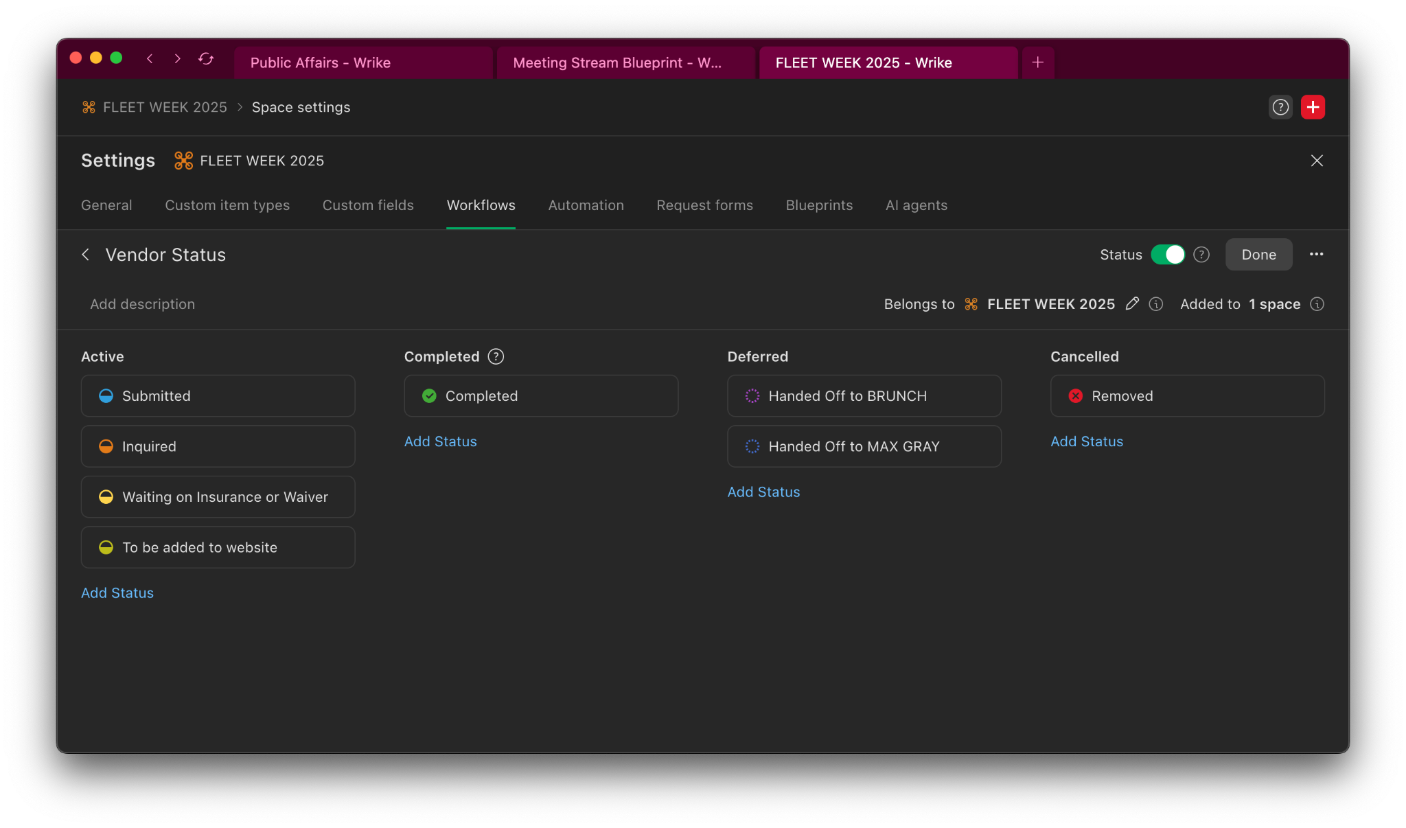 Screenshot of a customized Wrike project management workspace.