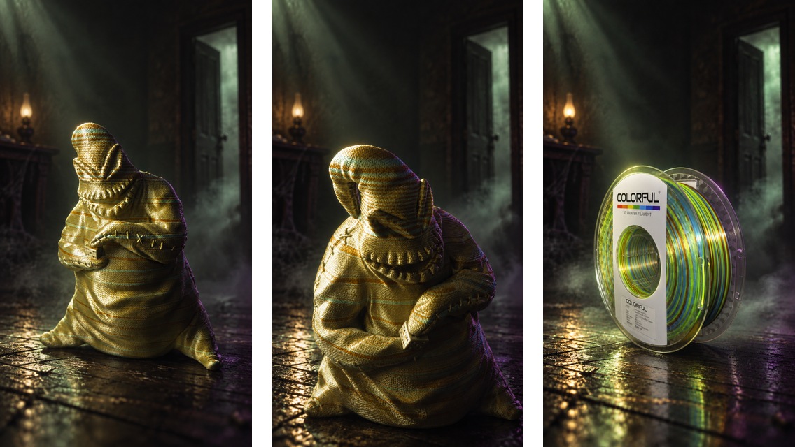 Giveaway creative showing the Oogie Boogie print, a detail view, and the Colorful filament connection in a cinematic setting.