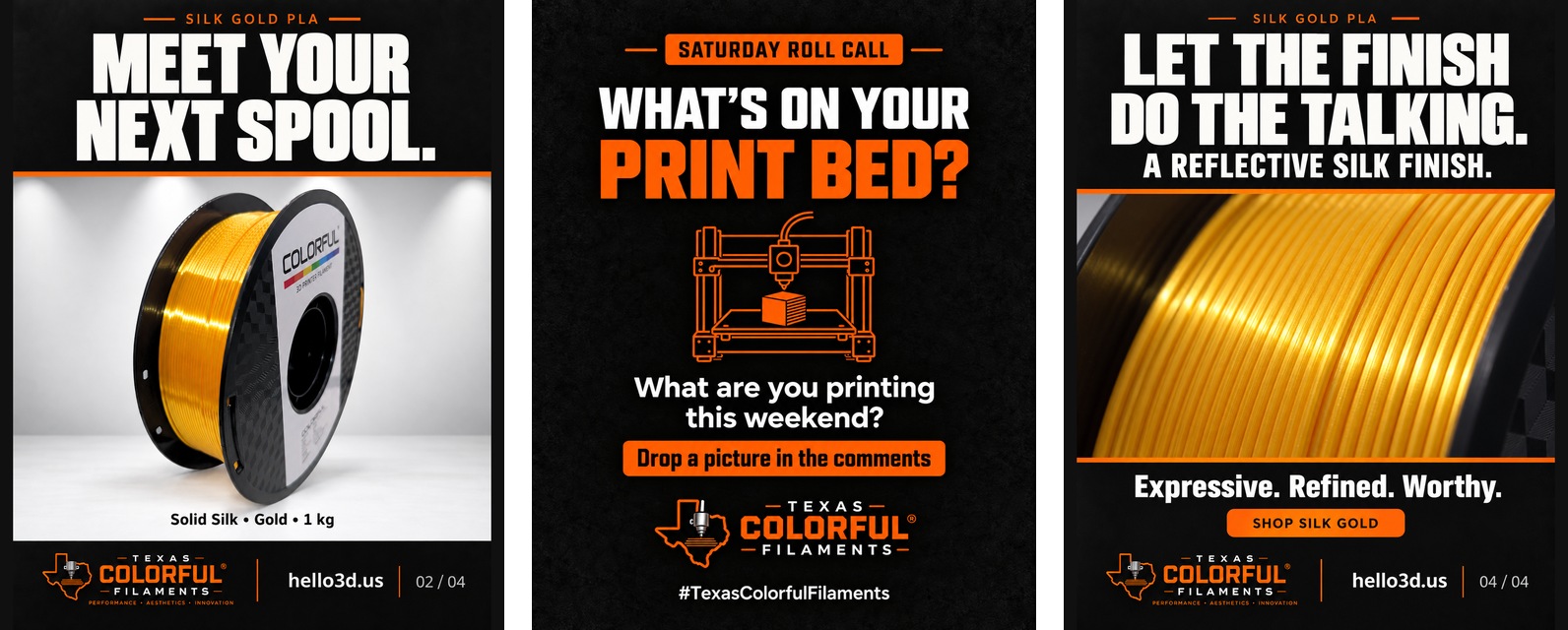 Three Colorful social graphics: Silk Gold spool introduction, Saturday Roll Call community prompt, and a close-up of Silk Gold filament.