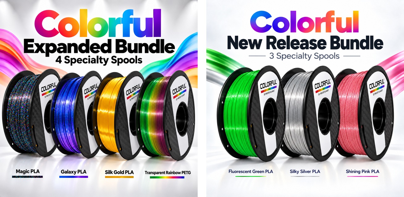 Colorful Expanded Bundle and New Release Bundle product launch artwork showing the included specialty filament spools.