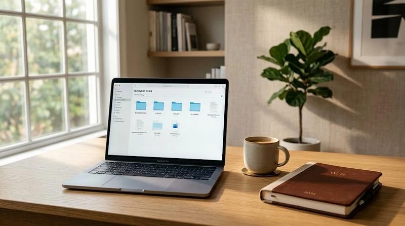 A warm, minimalist editorial workspace desk featuring a modern laptop showing an organized Google Drive directory, representing the ultimate guide on how to organize Google Drive for business.