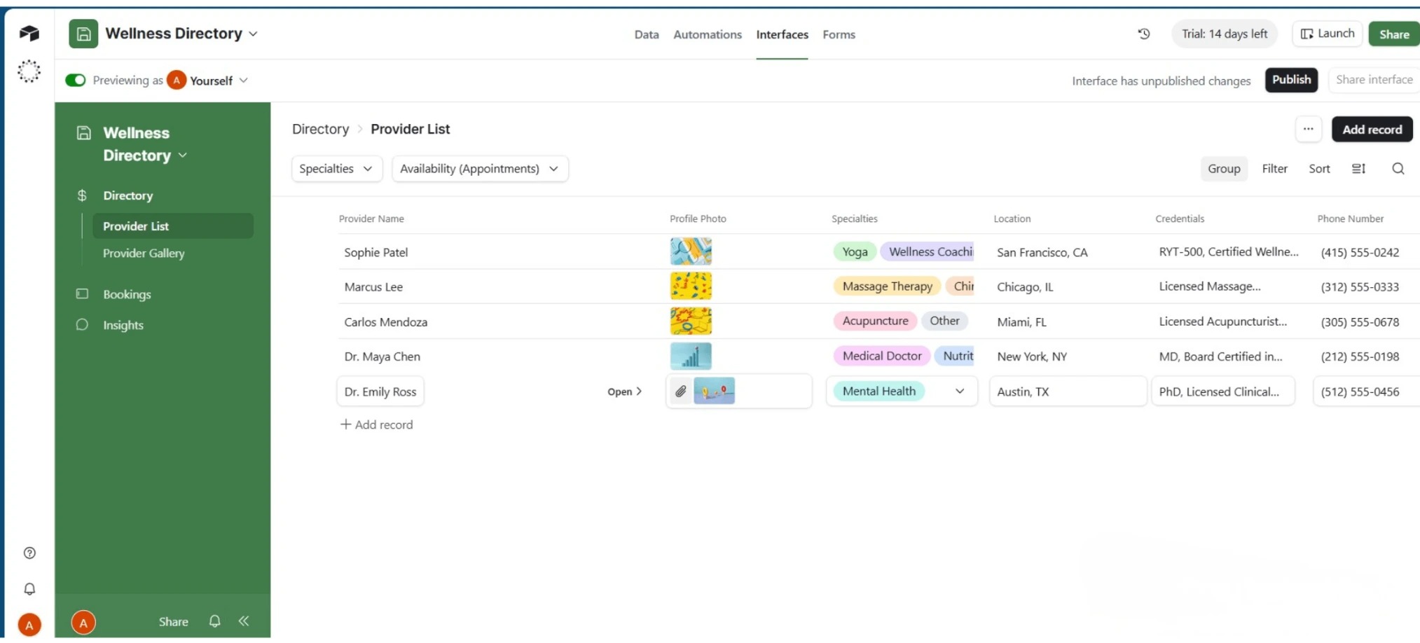 Digital wellness directory interface listing providers by name, specialty, location, and credentials—ideal for bootstrapping founders, online business owners, virtual assistants, and small business owners managing service-based projects through organized data and project management tools.