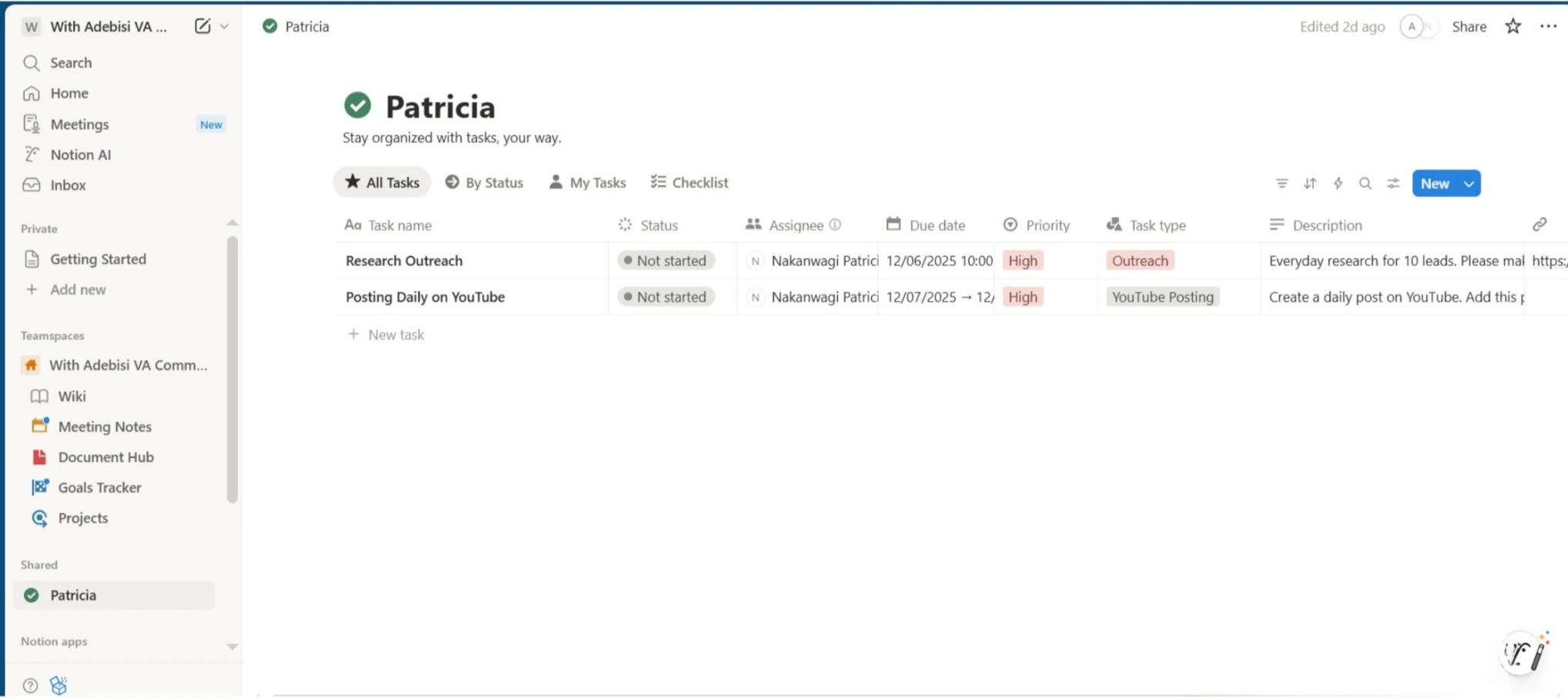 Notion task management interface for the Patricia workspace, showing organized tasks with details like status, assignee, due date, and priority. Designed for bootstrapping founders, online business owners, virtual assistants, and small business owners managing outreach and content workflows