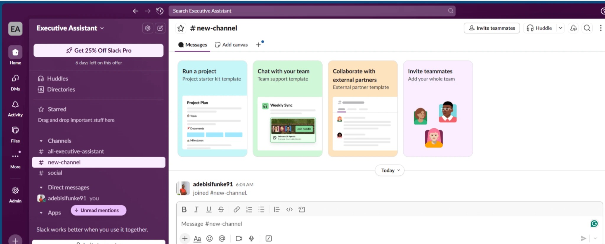 Slack workspace titled 'Executive Assistant' showing channels, direct messages, and collaboration templates. Designed for bootstrapping founders, online business owners, virtual assistants, and small business owners managing team communication and project workflows.